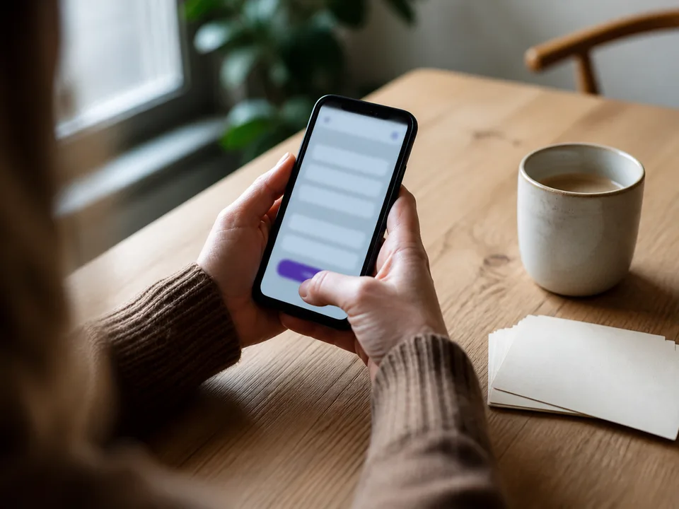 Zwei Hände halten ein Smartphone über einem Holztisch, auf dem Display ein Formular mit violettem Button